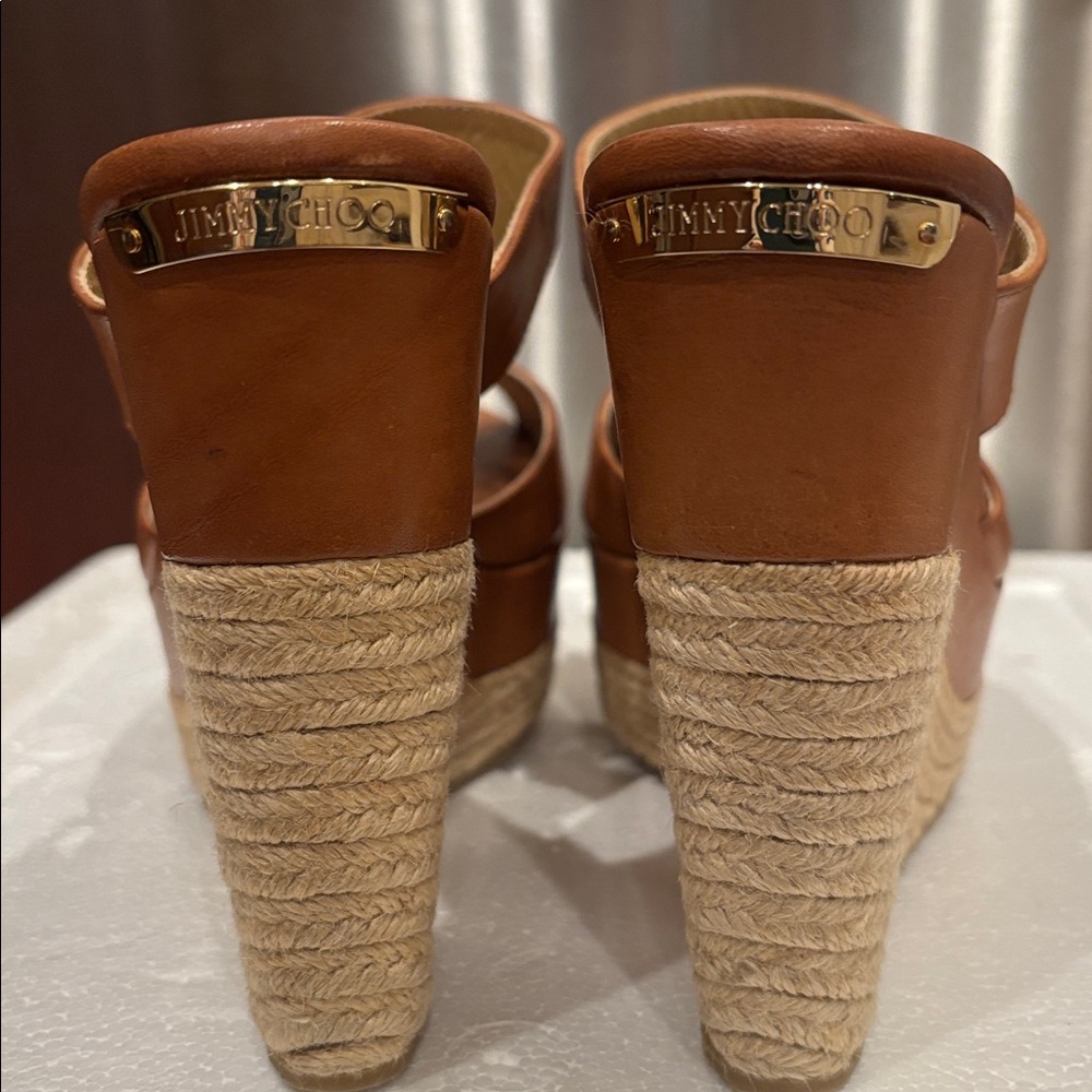 Jimmy Choo Tan Leather Espadrille Wedge Sandals - Picture 8 of 15